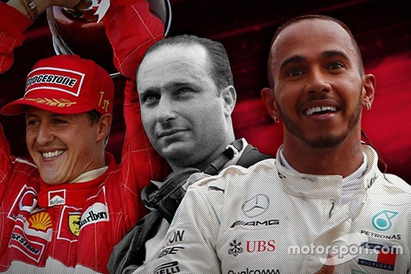 Illustration Schumacher, Fangio et Hamilton