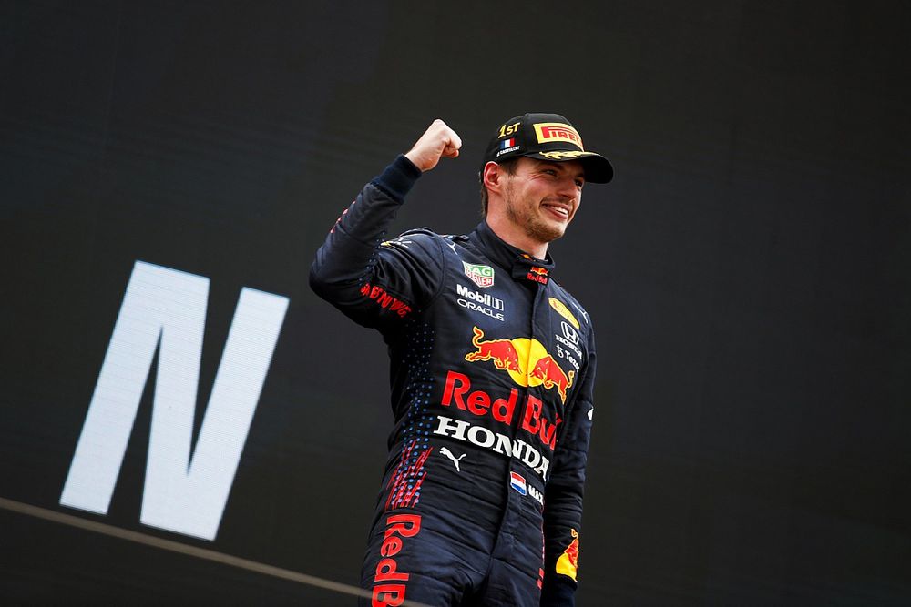 Max Verstappen, Red Bull Racing, 1st position, celebrates on the podium