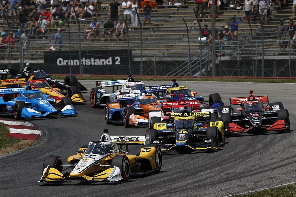 Start action, Josef Newgarden, Team Penske Chevrolet, Colton Herta, Andretti Autosport w/ Curb-Agajanian Honda, Scott Dixon, Chip Ganassi Racing Honda, Will Power, Team Penske Chevrolet