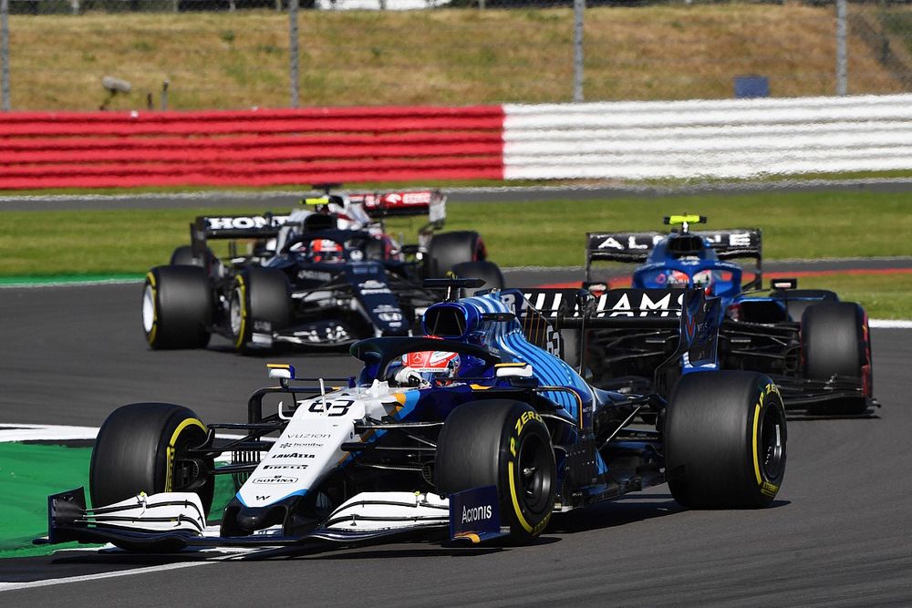 George Russell, Williams FW43B, Esteban Ocon, Alpine A521, and Pierre Gasly, AlphaTauri AT02