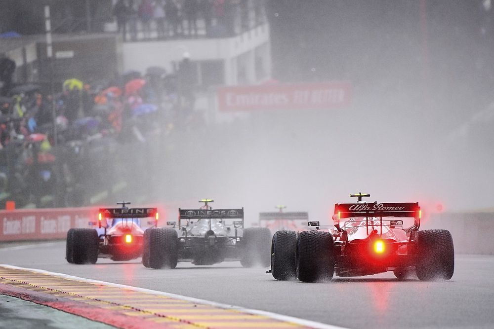 Fernando Alonso, Alpine A521, Valtteri Bottas, Mercedes W12, and Antonio Giovinazzi, Alfa Romeo Racing C41