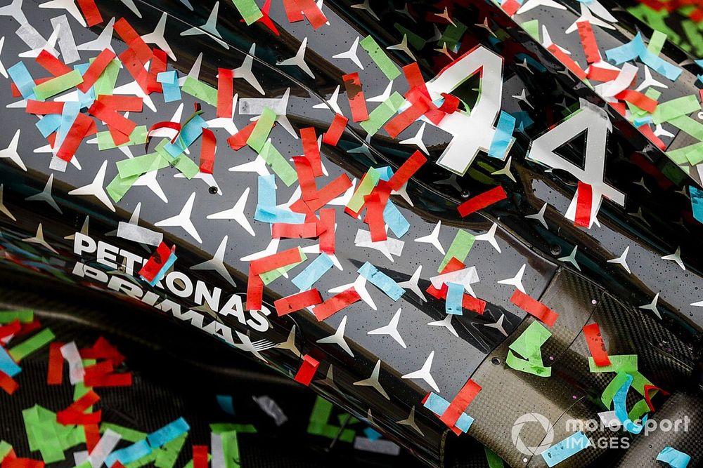 Confetti stuck to the Mercedes F1 W11 after the Mercedes team celebrate winning a record 7th Constructors World Championship title