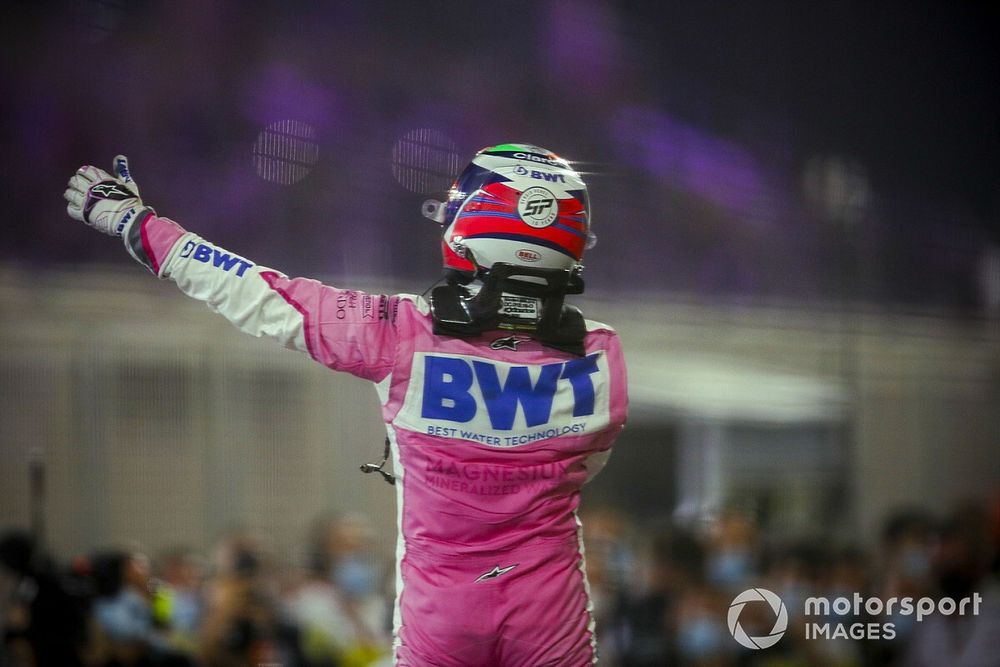 Race Winner Sergio Perez, Racing Point celebrates in Parc Ferme