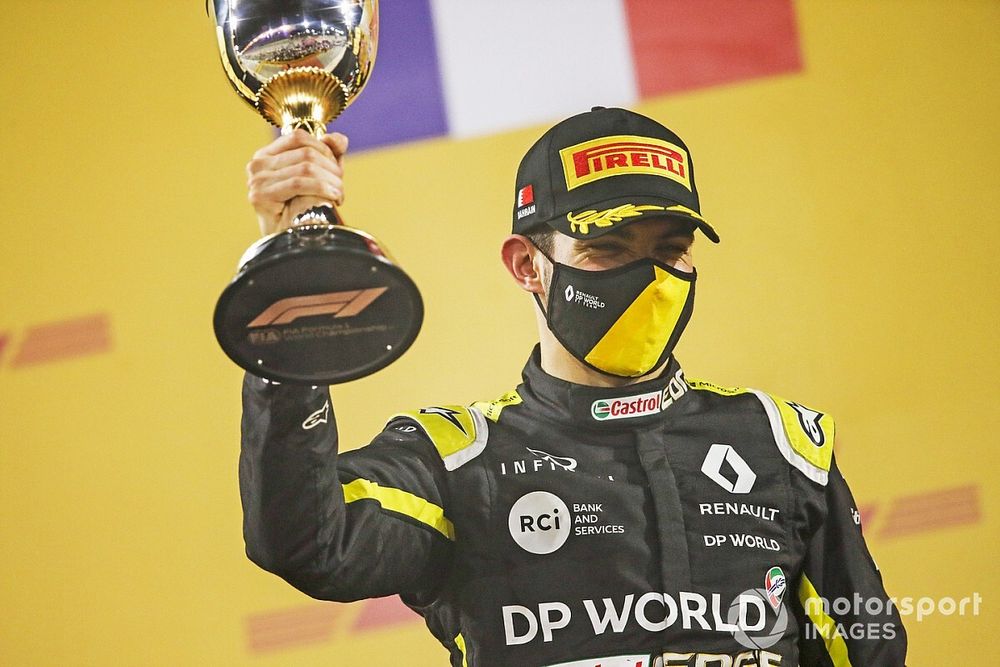 Esteban Ocon, Renault F1, 2nd position, with his trophy on the podium