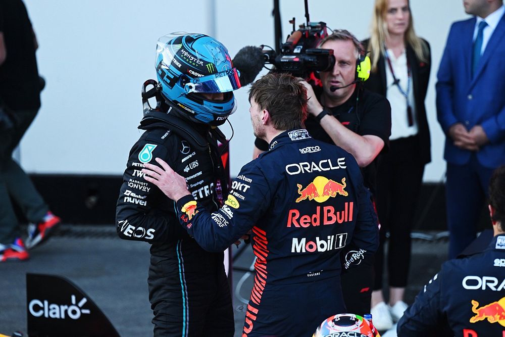 George Russell, Mercedes-AMG, Max Verstappen, Red Bull Racing, 3rd position, in Parc Ferme after the Sprint race