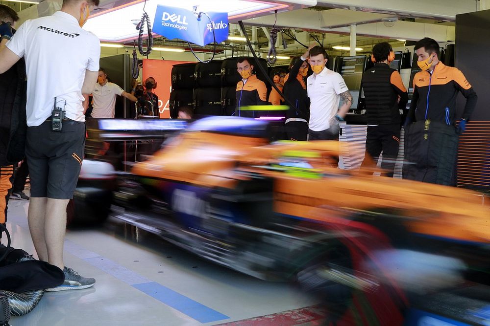 Lando Norris, McLaren MCL35M, leaves the garage