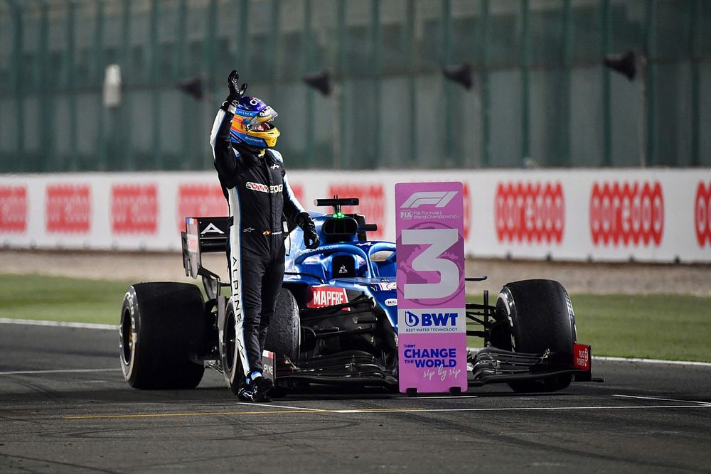 Fernando Alonso, Alpine F1, 3rd position, celebrates on arrival in Parc Ferme