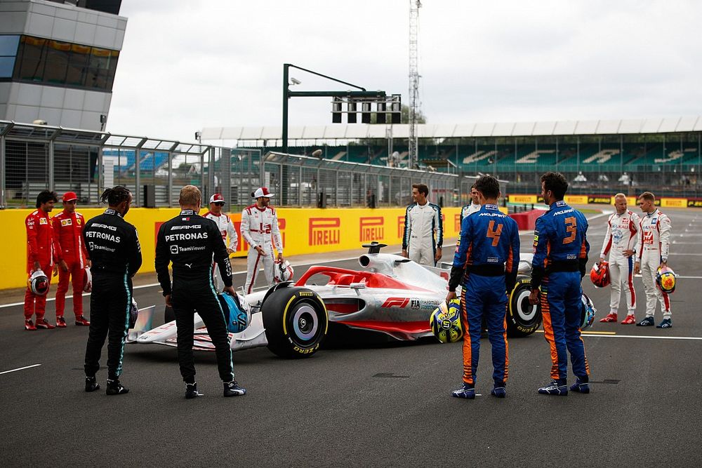 The 2022 Formula 1 car launch event on the Silverstone grid. Carlos Sainz Jr., Ferrari, Charles Leclerc, Ferrari, Lewis Hamilton, Mercedes, Valtteri Bottas, Mercedes, Kimi Raikkonen, Alfa Romeo Racing, Antonio Giovinazzi, Alfa Romeo Racing, George Russell, Williams, Nicholas Latifi, Williams, Lando Norris, McLaren, Daniel Ricciardo, McLaren, Nikita Mazepin, Haas F1 and Mick Schumacher, Haas F1