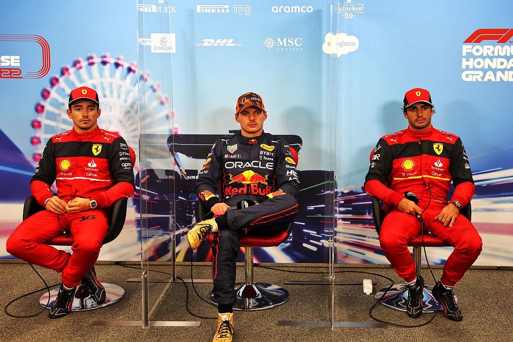 Charles Leclerc, Ferrari, pole man Max Verstappen, Red Bull Racing, Carlos Sainz, Ferrari, in the Press Conference