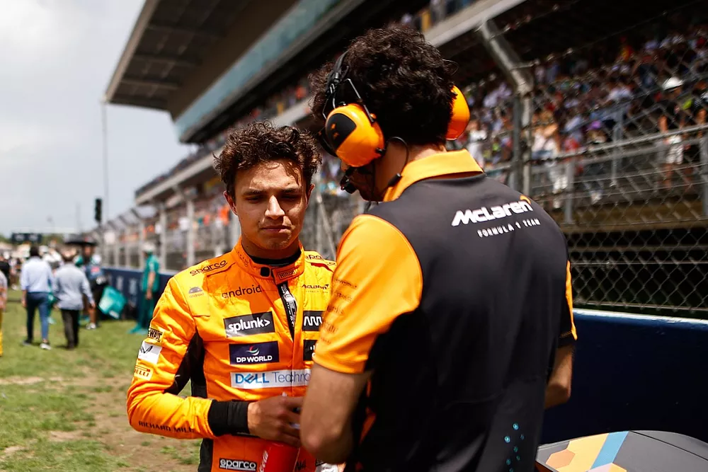 Lando Norris, McLaren, on the grid with his engineer
