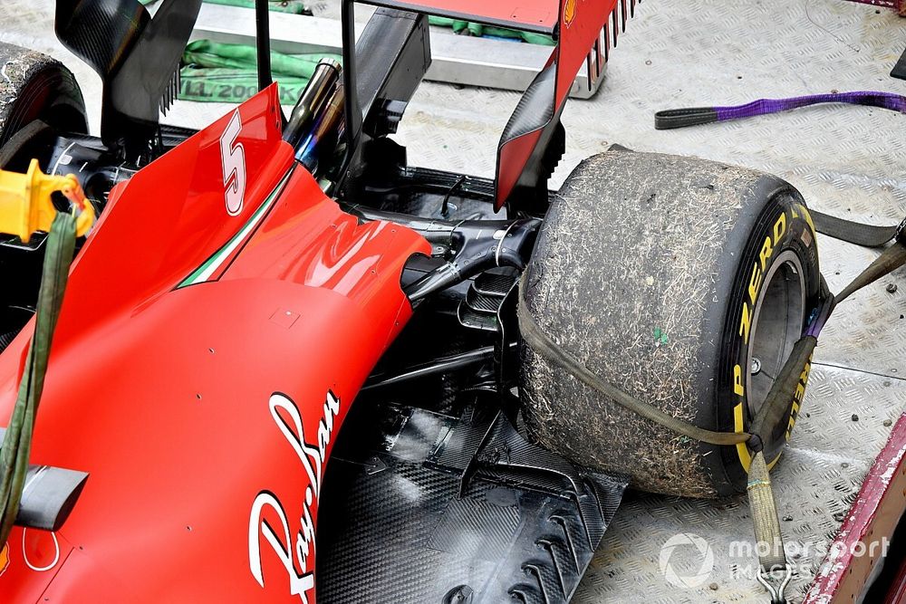 The car of Sebastian Vettel, Ferrari SF1000, on a truck after a technical failure