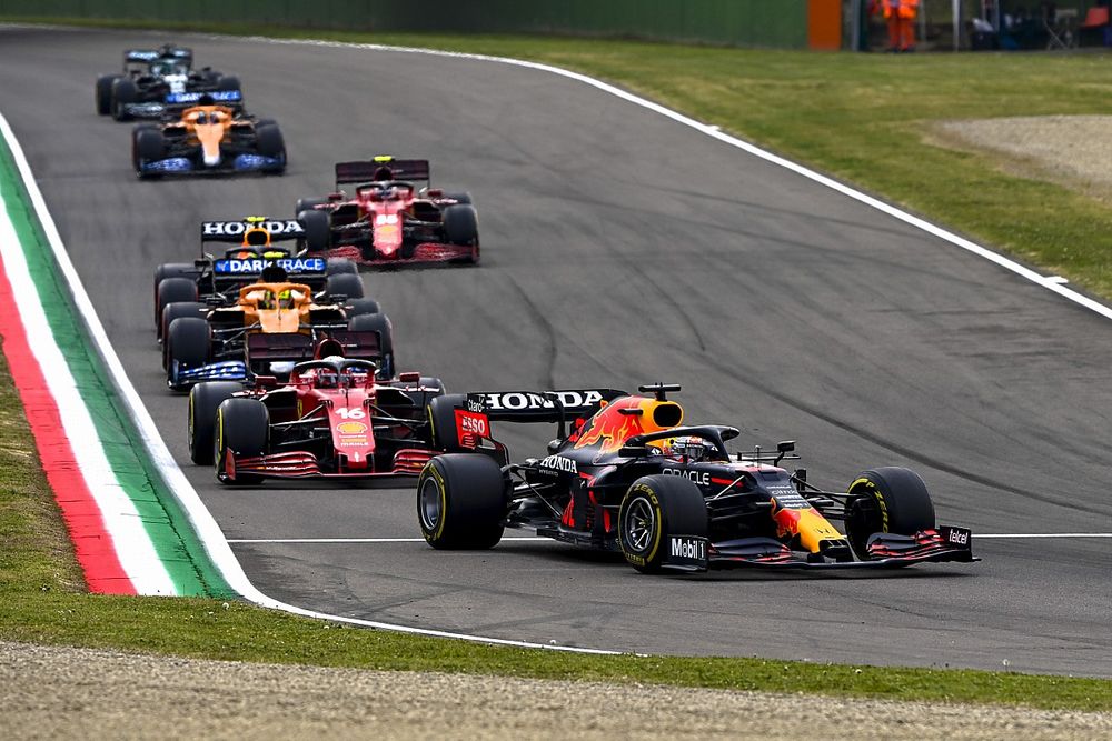 Max Verstappen, Red Bull Racing RB16B, Charles Leclerc, Ferrari SF21, Lando Norris, McLaren MCL35M, Sergio Perez, Red Bull Racing RB16B, Carlos Sainz Jr., Ferrari SF21, Daniel Ricciardo, McLaren MCL35M, and Lance Stroll, Aston Martin AMR21