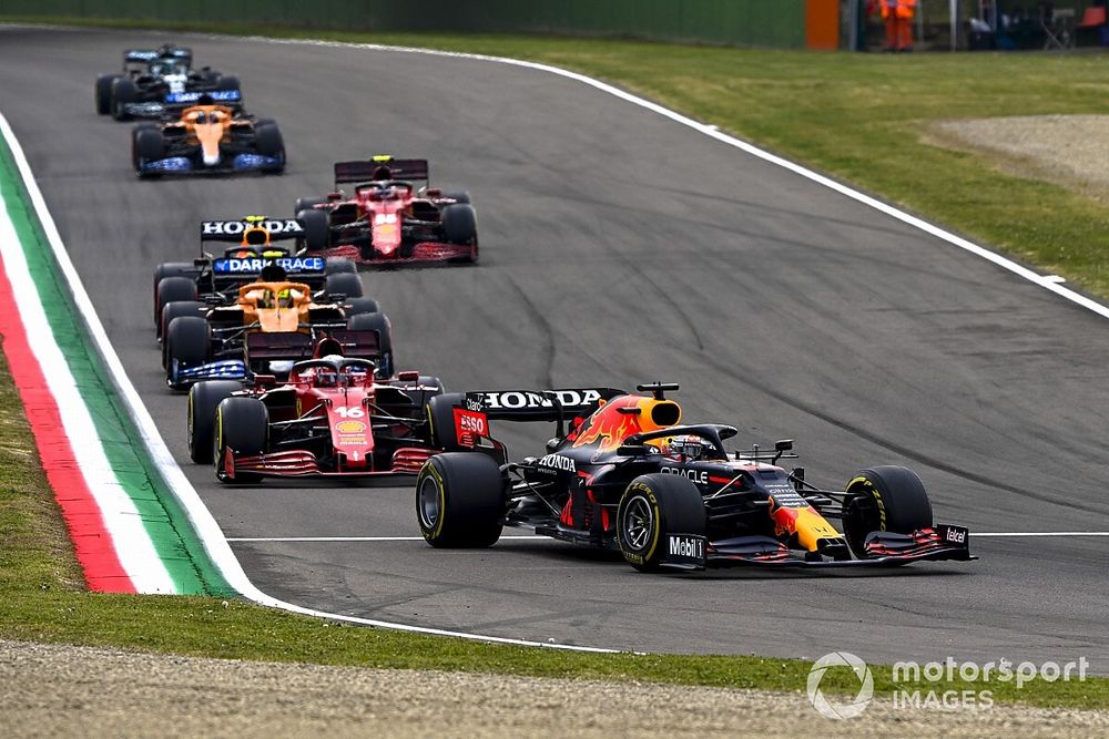 Max Verstappen, Red Bull Racing RB16B, Charles Leclerc, Ferrari SF21, Lando Norris, McLaren MCL35M, Sergio Perez, Red Bull Racing RB16B, Carlos Sainz Jr., Ferrari SF21, Daniel Ricciardo, McLaren MCL35M, and Lance Stroll, Aston Martin AMR21