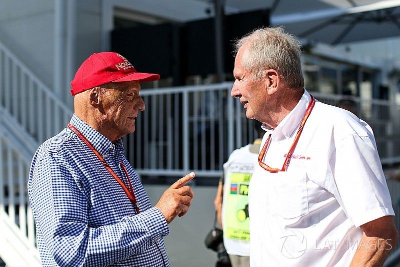 Niki Lauda, Mercedes AMG F1 met Dr Helmut Marko, Red Bull