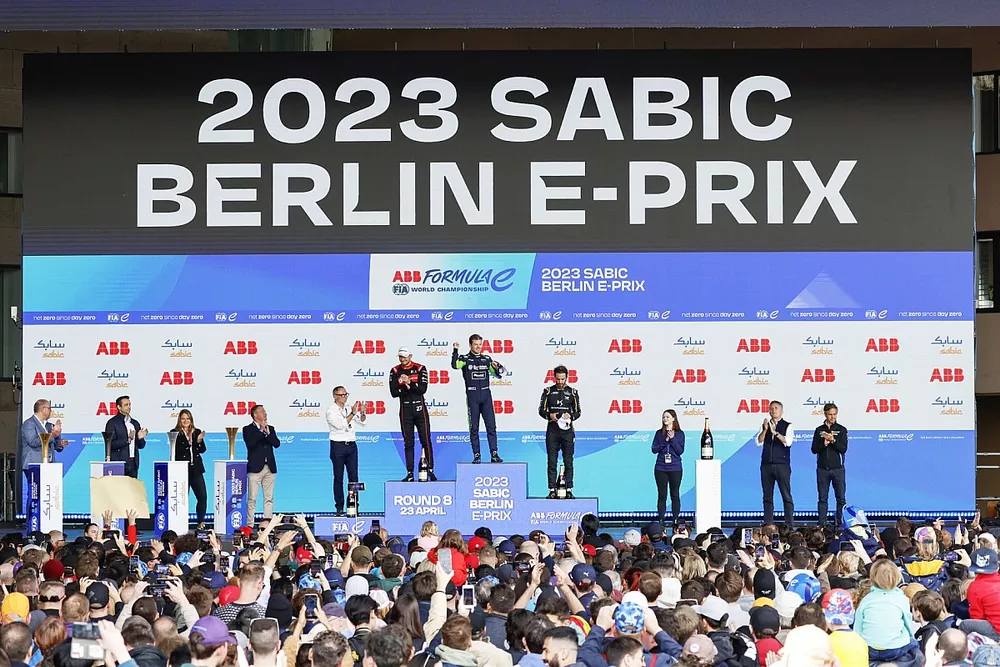 Jake Dennis, Andretti Autosport, 2nd position, Nick Cassidy, Envision Racing, 1st position, Jean-Eric Vergne, DS Penske, 3rd position, on the podium