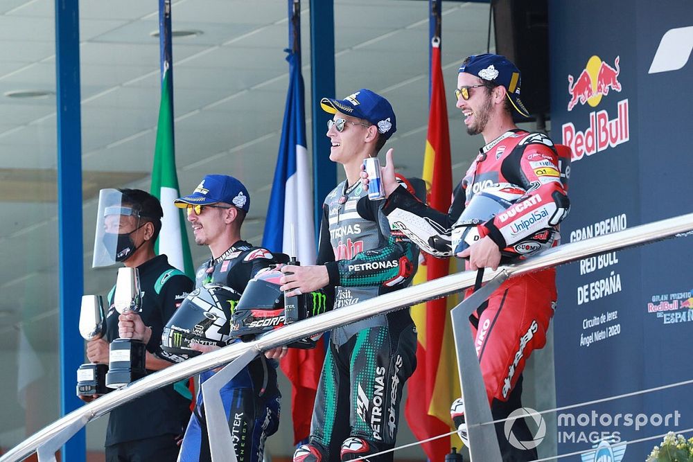 Il vincitore Fabio Quartararo, Petronas Yamaha SRT, secondo posto Maverick Vinales, Yamaha Factory Racing, terzo posto Andrea Dovizioso, Ducati Team