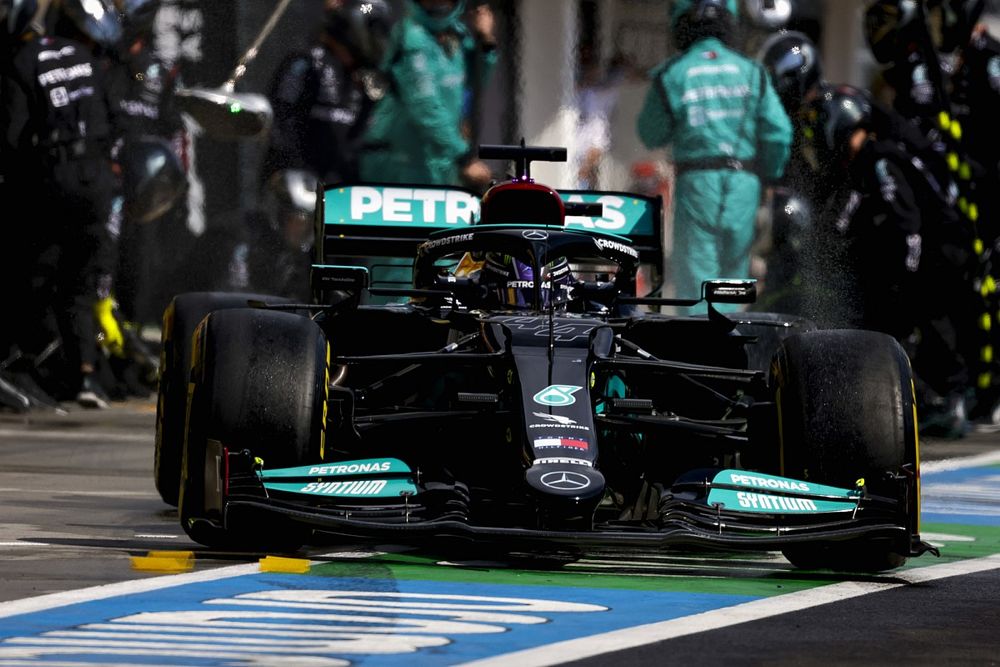 Lewis Hamilton, Mercedes W12, leaves his pit box