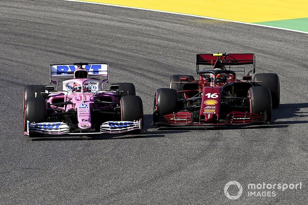 Sergio Perez, Racing Point RP20, battles with Charles Leclerc, Ferrari SF1000