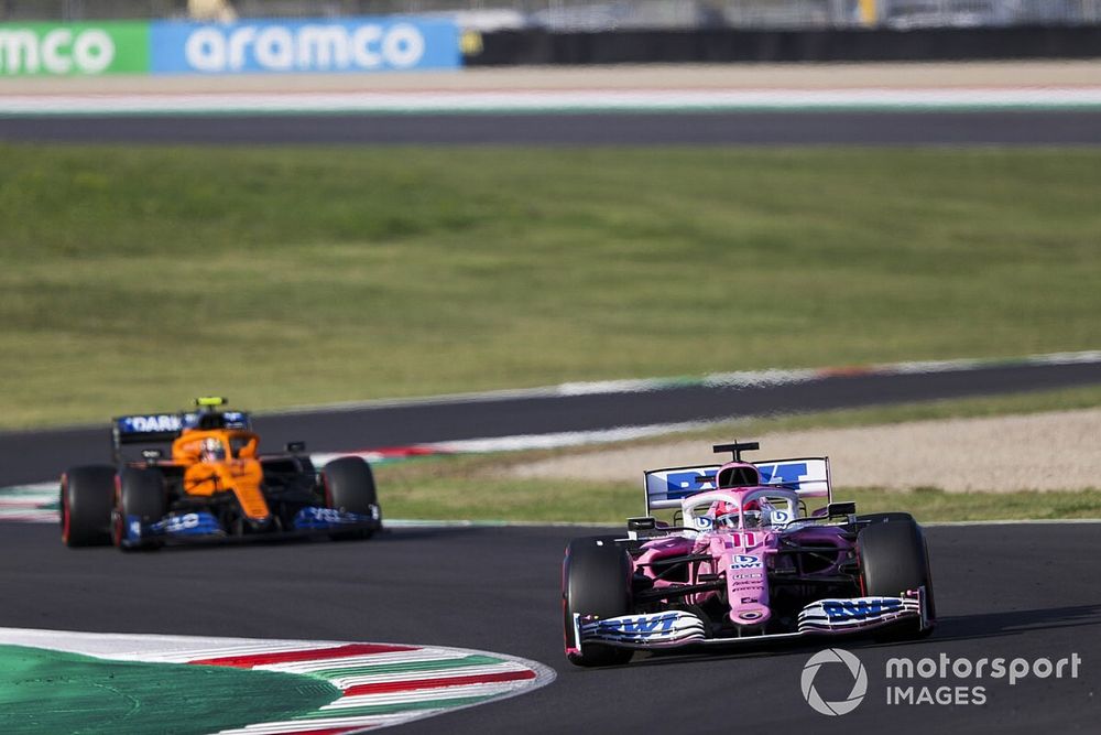 Sergio Perez, Racing Point RP20, Lando Norris, McLaren MCL35