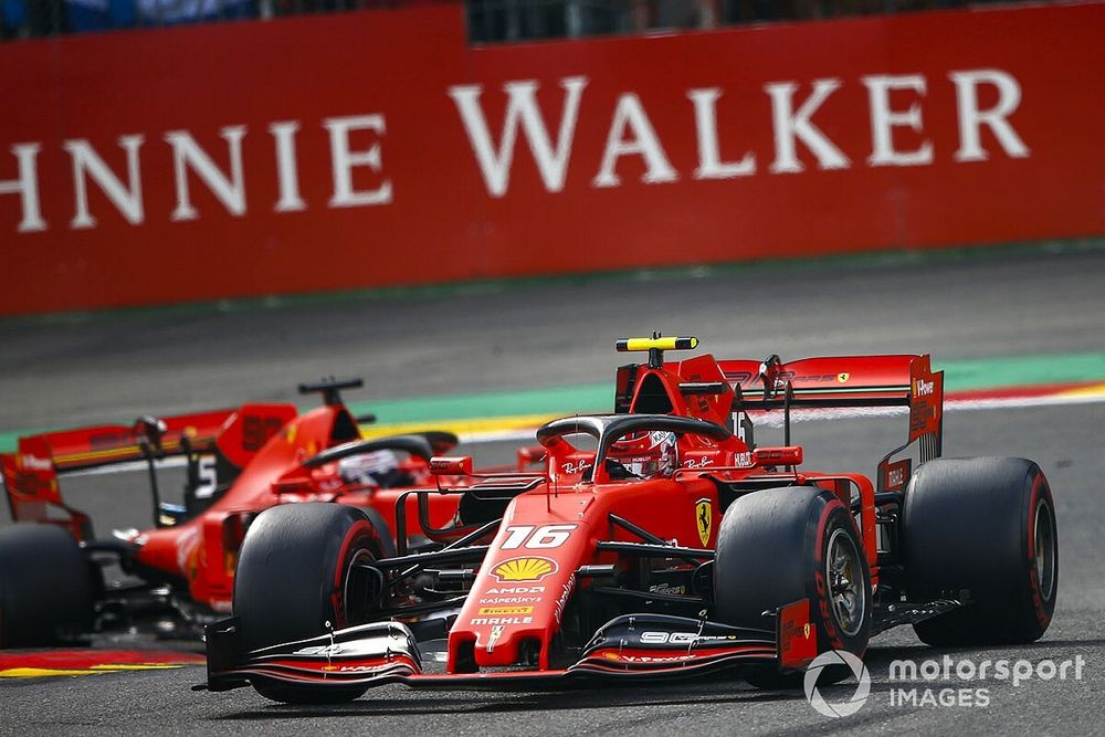 Charles Leclerc, Ferrari SF90, leads Sebastian Vettel, Ferrari SF90 