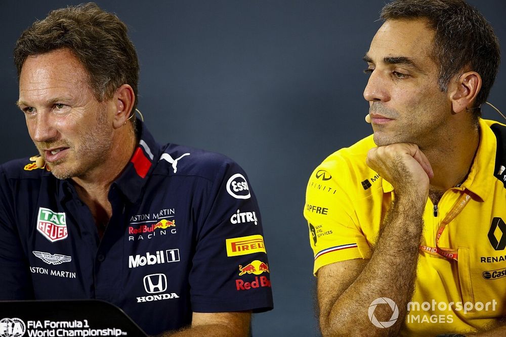 Christian Horner, Team Principal, Red Bull Racing, and Cyril Abiteboul, Managing Director, Renault F1 Team, in the Press Conference