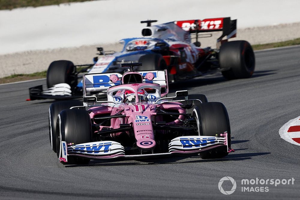 Sergio Perez, Racing Point RP20 and George Russell, Williams FW43 