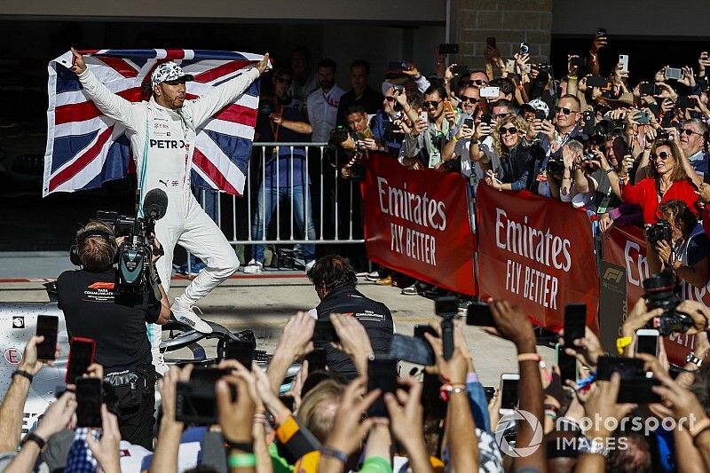 Lewis Hamilton, Mercedes AMG F1, 2nd position, celebrates after securing his sixth world championship