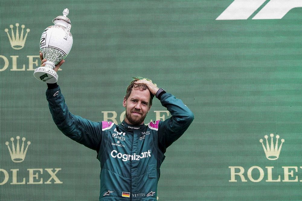 Sebastian Vettel, Aston Martin, 2nd position, with his trophy