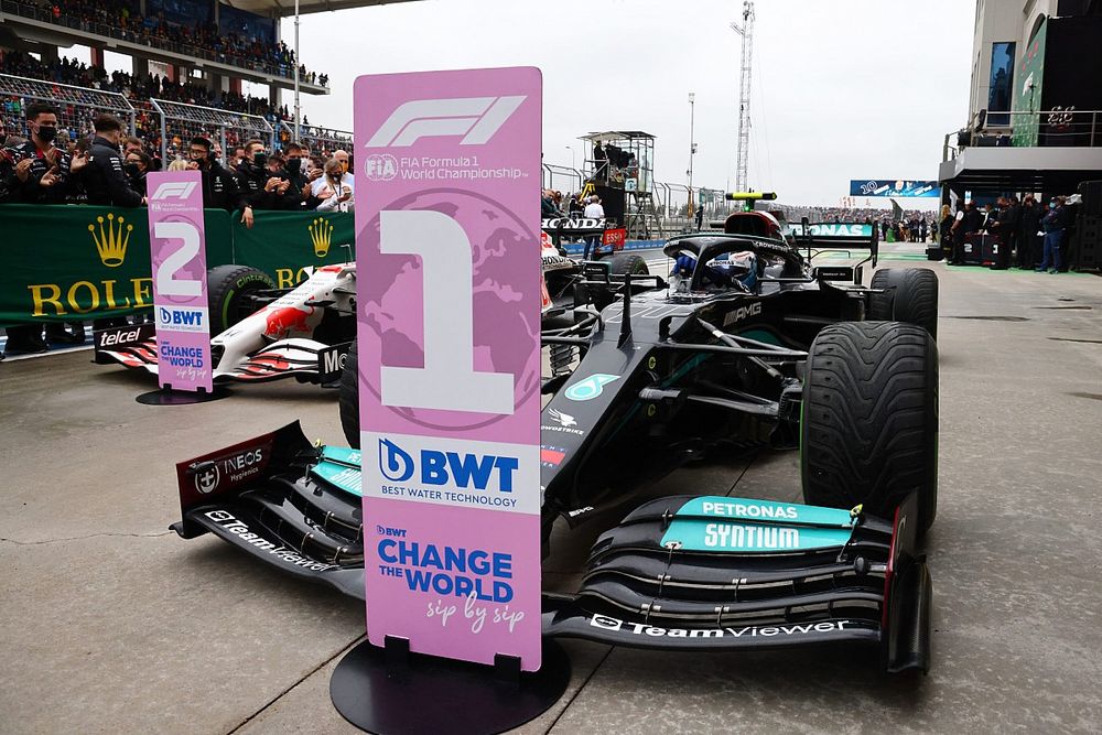 Valtteri Bottas, Mercedes W12, 1st position, arrives in Parc Ferme