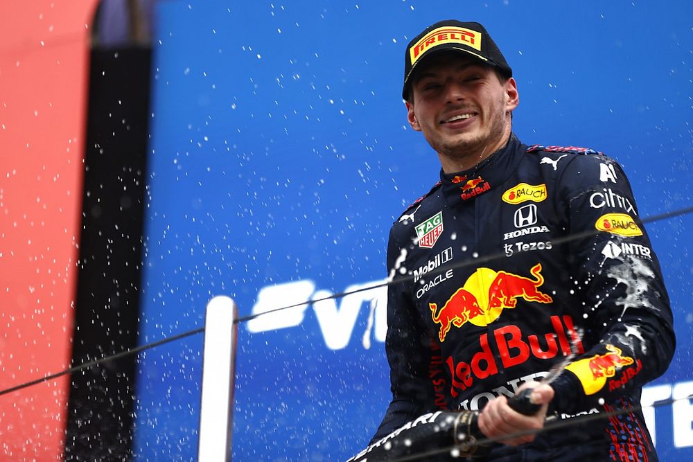 Max Verstappen, Red Bull Racing, 2nd position, sprays Champagne on the podium