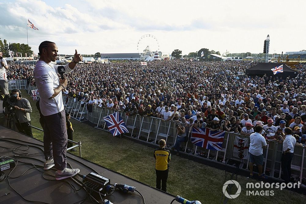 Lewis Hamilton, Mercedes AMG F1, 1st position, on stage celebrating with his home fans after the race