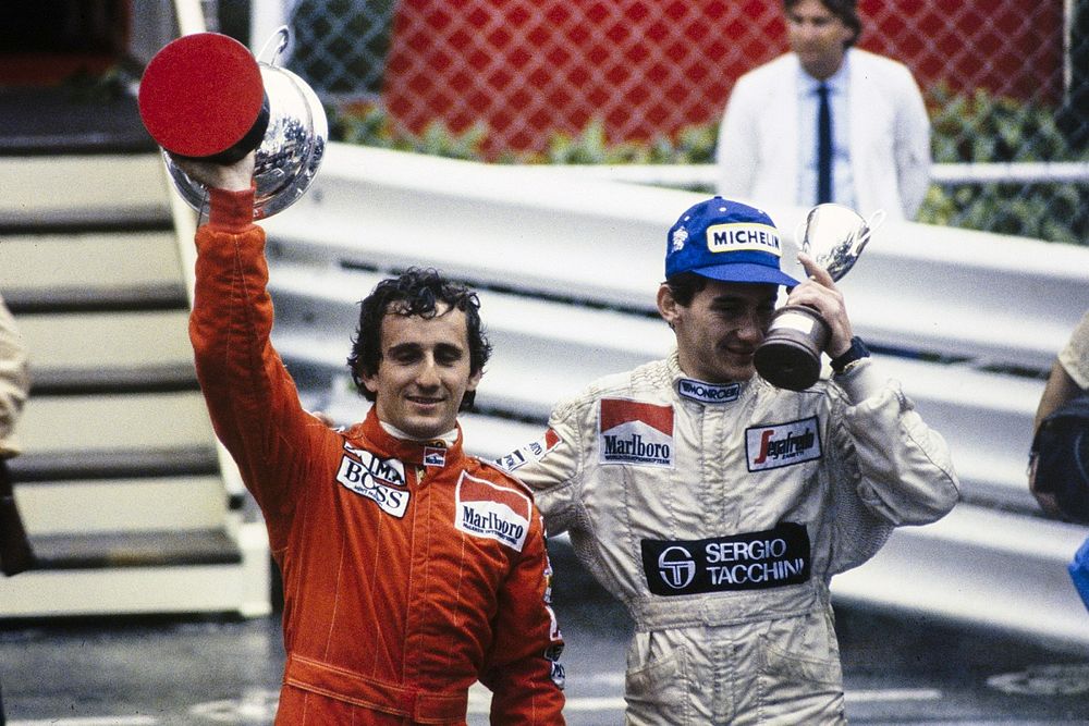 Race winner Alain Prost, McLaren and Ayrton Senna, Toleman, with their trophies