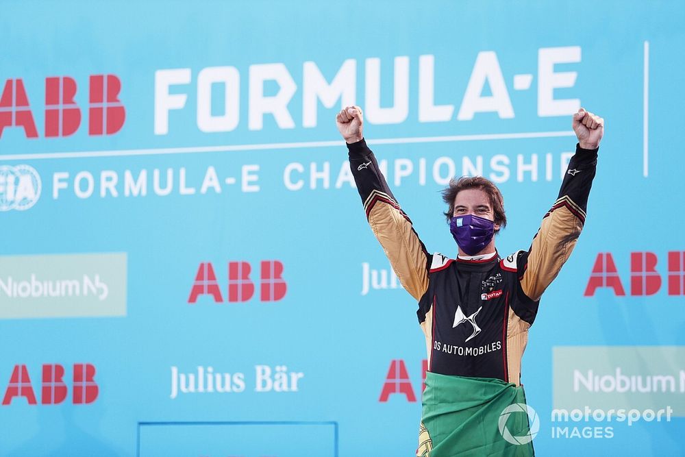 Antonio Felix da Costa, DS Techeetah, celebrates on the podium after winning the race