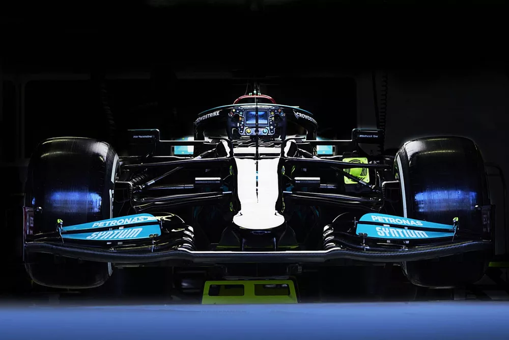 The car of Lewis Hamilton, Mercedes W12, in the garage