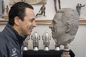 Castroneves models for his fourth Borg-Warner effigy