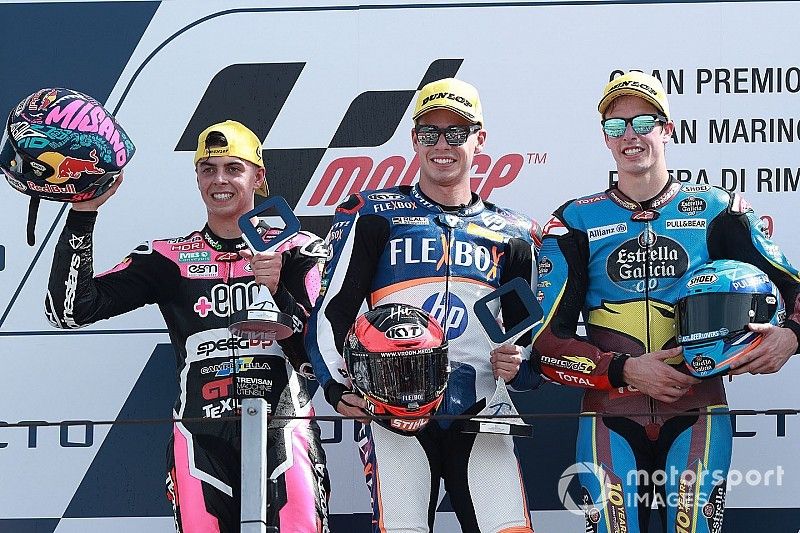 Podium : le vainqueur Augusto Fernandez, Pons HP40, le deuxième Fabio Di Giannantonio, Speed Up Racing, le troisième Alex Marquez, Marc VDS Racing