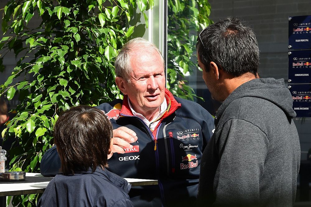 Juan Pablo Montoya, with his son Sebastian Montoya, and Dr. Helmut Marko,  Red Bull Motorsport Consultant