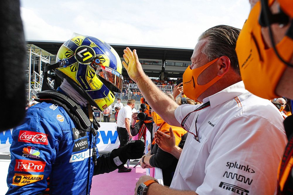 Lando Norris, McLaren, 3rd position, celebrates with Zak Brown, CEO, McLaren Racing