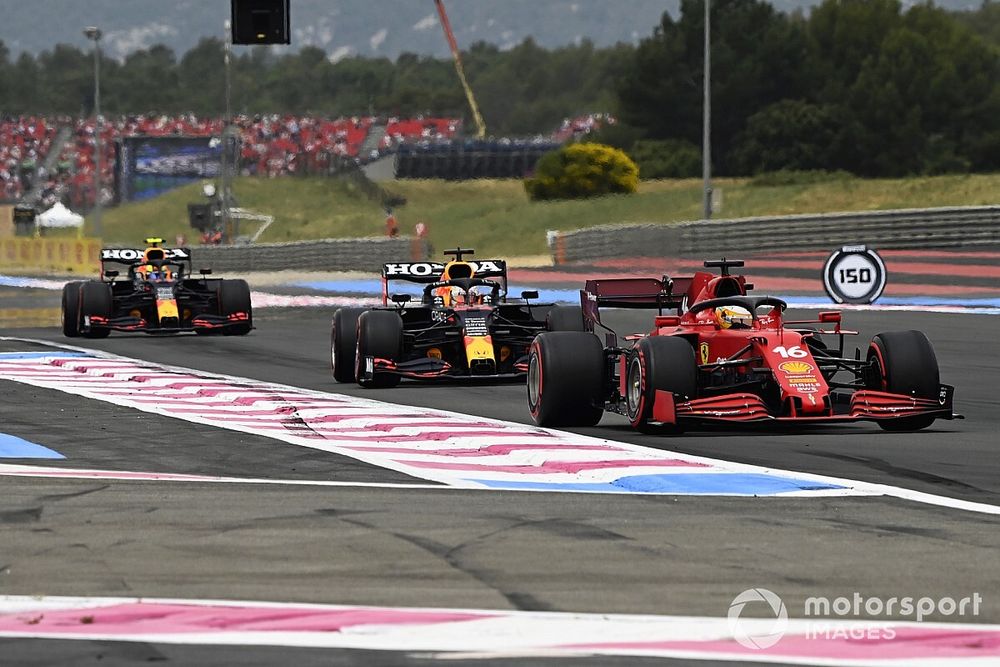 Charles Leclerc, Ferrari SF21, Max Verstappen, Red Bull Racing RB16B, and Sergio Perez, Red Bull Racing RB16B