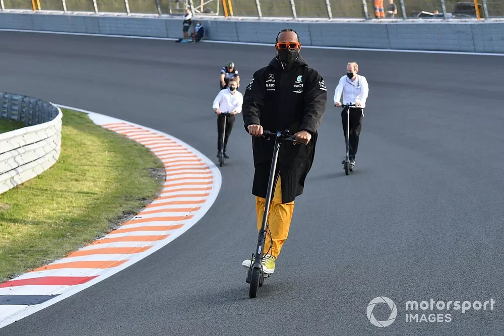 Lewis Hamilton, Mercedes W12 on electric scooter track walk