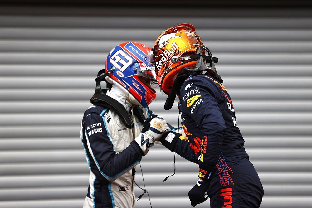 Front row starters George Russell, Williams, and pole man Max Verstappen, Red Bull Racing, celebrate in Parc Ferme