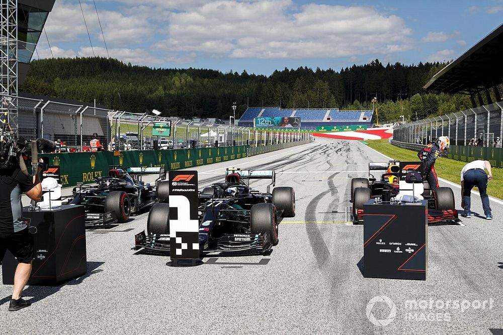 Valtteri Bottas, Mercedes F1 W11 EQ Performance, Lewis Hamilton, Mercedes F1 W11 EQ Performance, and Max Verstappen, Red Bull Racing RB16, arrive on the grid after Qualifying