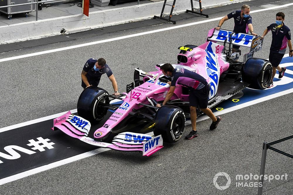 Car of Lance Stroll, Racing Point RP20 being pushed int he pit lane