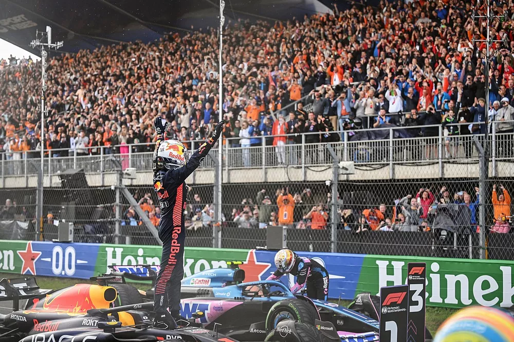 Max Verstappen, Red Bull Racing, 1st position, celebrates on arrival in Parc Ferme
