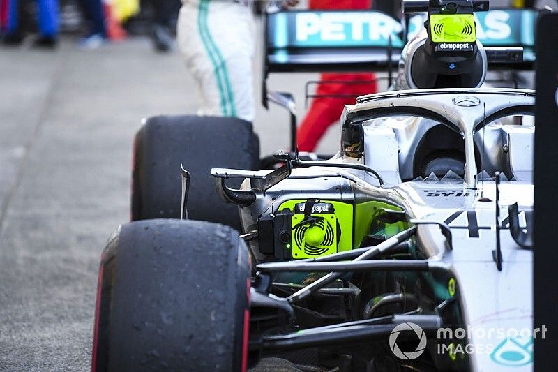 The car of Lewis Hamilton, Mercedes AMG F1 W10, with broken mirror, in Parc Ferme