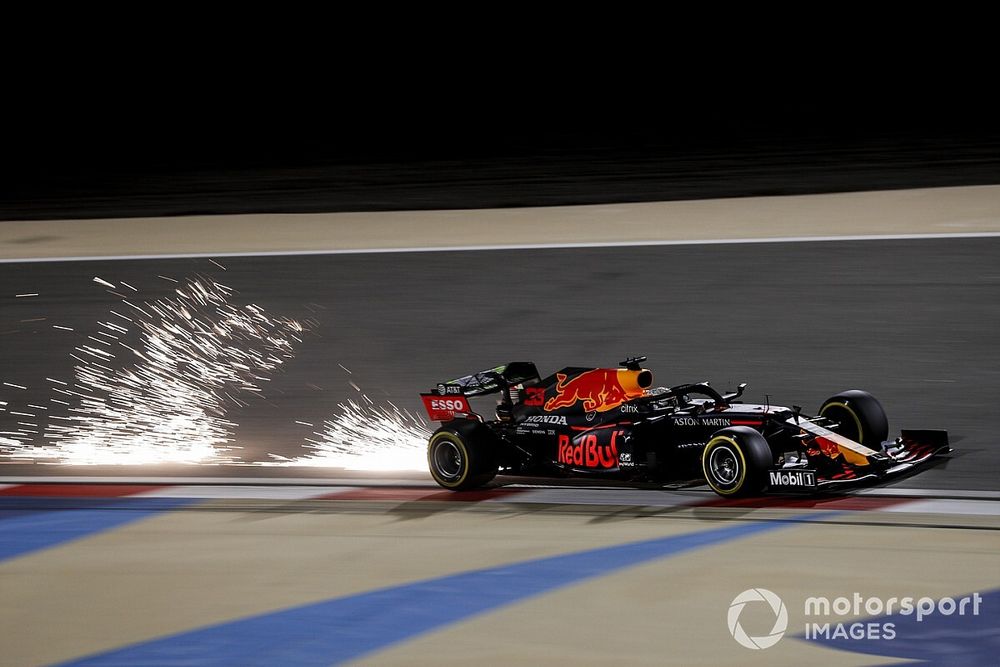 Sparks fly from Max Verstappen, Red Bull Racing RB16