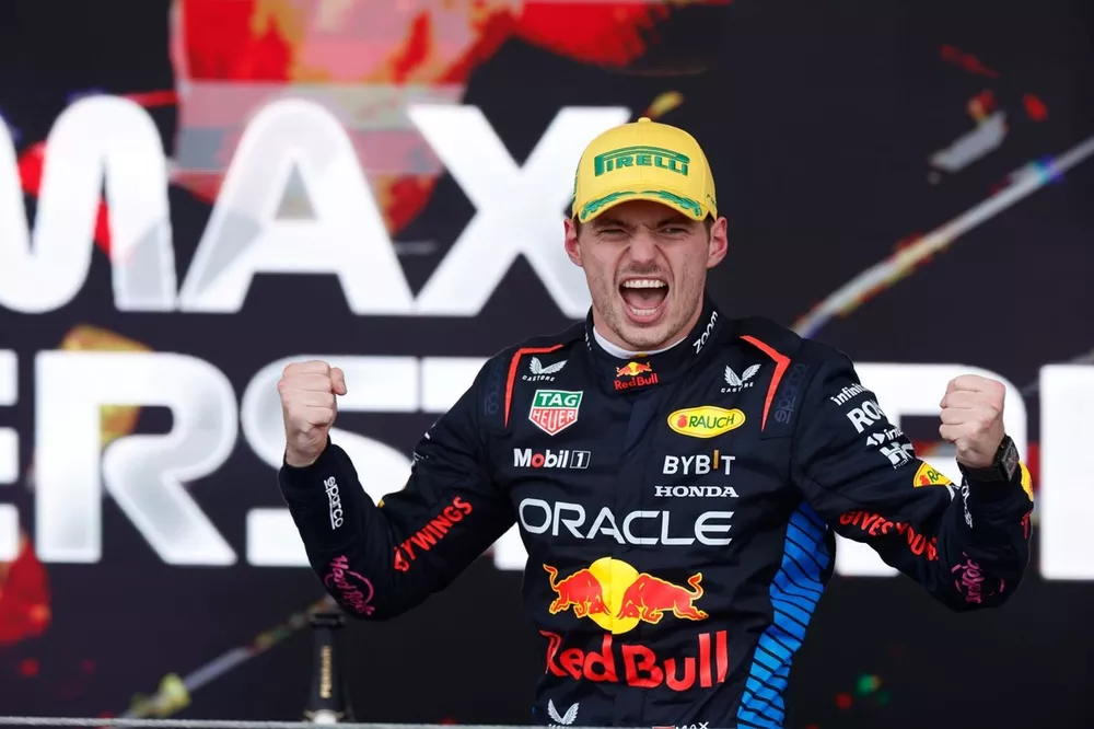 Max Verstappen, Red Bull Racing, 1st position, celebrates on the podium