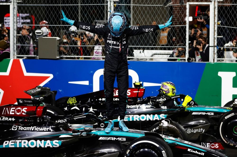 George Russell, Mercedes-AMG F1 Team, 1st position, celebrates on arrival in Parc Ferme