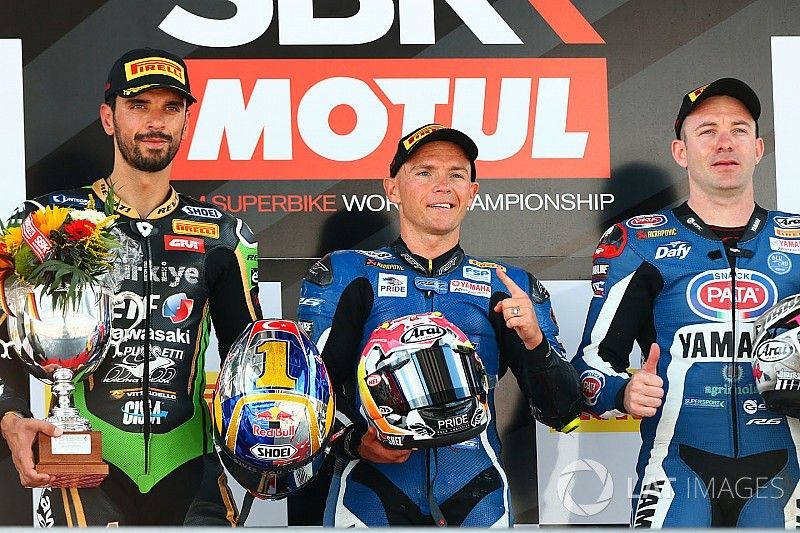 Podium : le vainqueur Sheridan Morais, Kallio Racing Yamaha, le deuxième, Kenan Sofuoglu, Kawasaki Puccetti Racing, le troisième, Lucas Mahias, GRT Yamaha Official WorldSSP Team