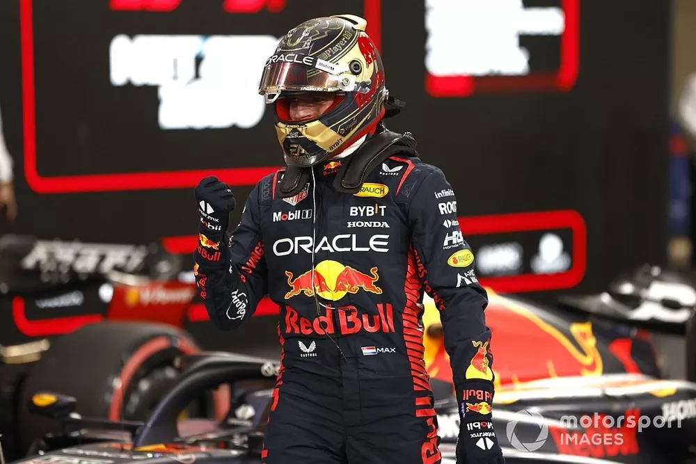 Pole man Max Verstappen, Red Bull Racing, arrives in Parc Ferme